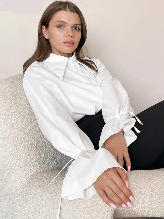 OOTN Office Lady Lace Up White Women Blouse Elegant Turn-Down Collar Long Sleeve Shirt Female Loose 2023 Autumn Casual Korean